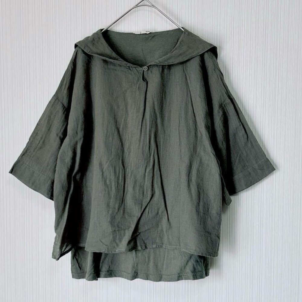 Blanche Short Sleeve Blouse Green Sailor Collar Linen Blend